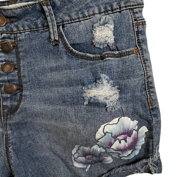 (1061)Black Daisy High Waisted Floral Print Denim Shorts Size 7/28 (Jr) - Picture 5 of 8